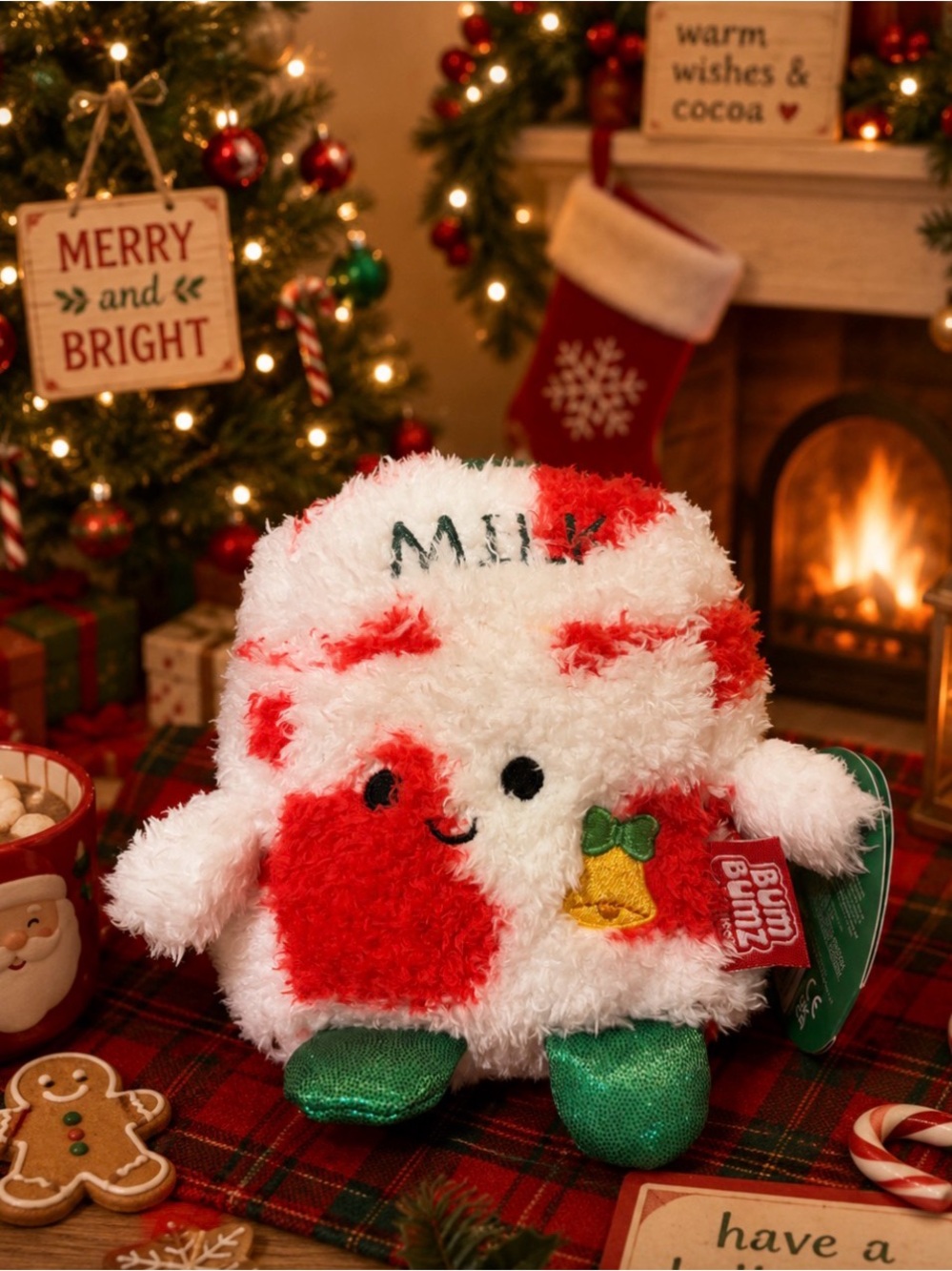 4.5 BumBumz Plush Holiday Milk- White & Red with Green Accents